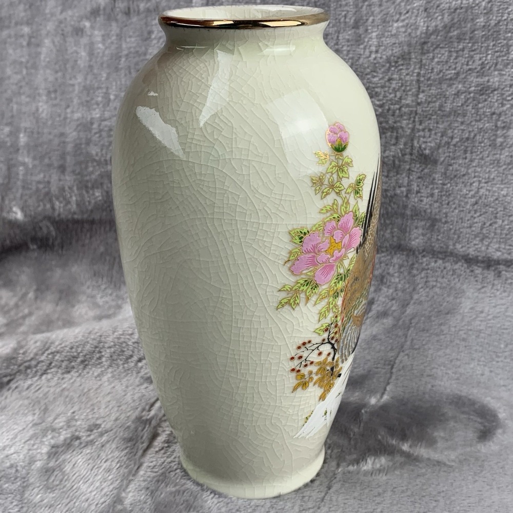 Vintage Vase Handpainted With Gold Leaf Pheasants Made In Japan Crazing - Picture 5 of 14
